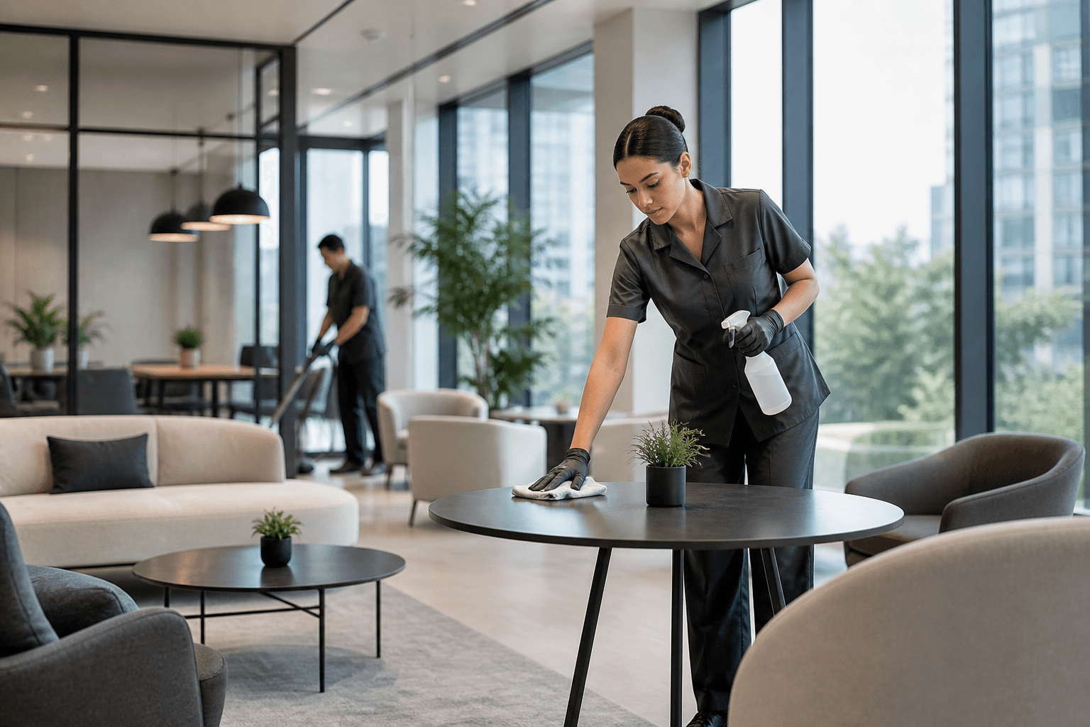 A cleaner servicing a hotel lounge